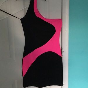 One shoulder hot pink and black dress